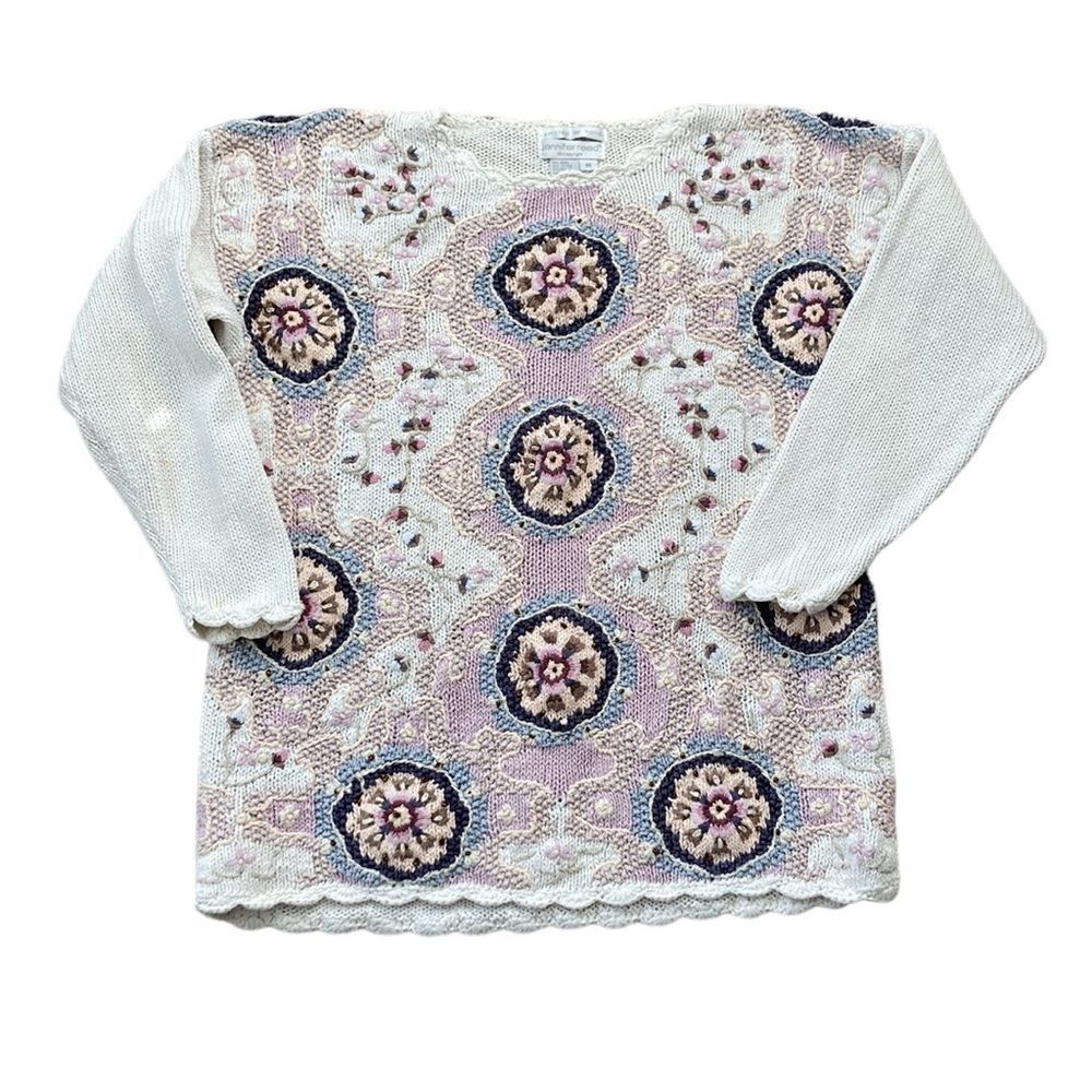 Vintage Jennifer Reed Hand Knit Embroidered Floral Winter Sweater Medium - Picture 7 of 16